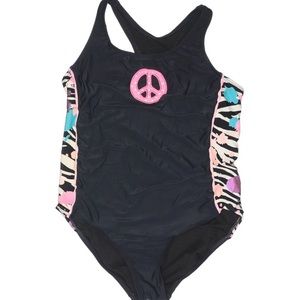 Kids Swim One Piece with Peace Sign - Black and Pink